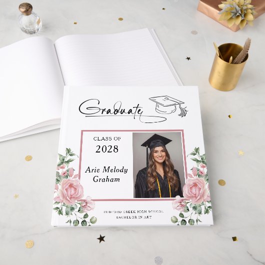 Modern Pink Roses Graduation 2 Photo Gästebuch (Vorderseite offen)