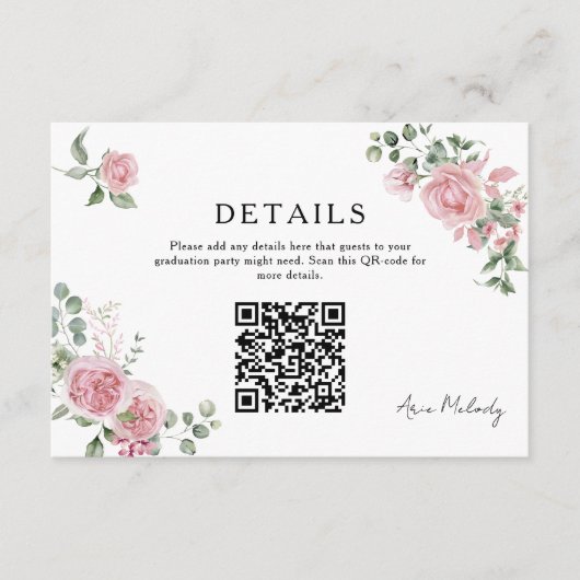 Modern Pink Roses QR-code Details Graduation Begleitkarte (Vorderseite)