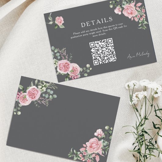 Modern Pink Roses QR-code Details Graduation Begleitkarte