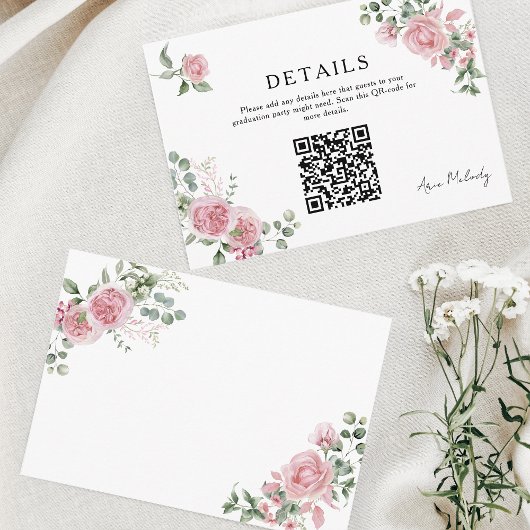 Modern Pink Roses QR-code Details Graduation Begleitkarte