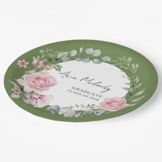 Modern Pink Roses Script Class of Graduation Pappteller (Schrägansicht)