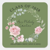 Modern Pink Roses Script Class of Graduation Quadratischer Aufkleber (Vorderseite)