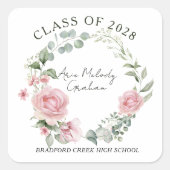 Modern Pink Roses Script Class of Graduation Quadratischer Aufkleber (Vorderseite)