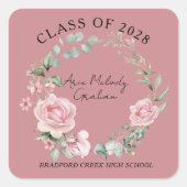 Modern Pink Roses Script Class of Graduation Quadratischer Aufkleber (Vorderseite)