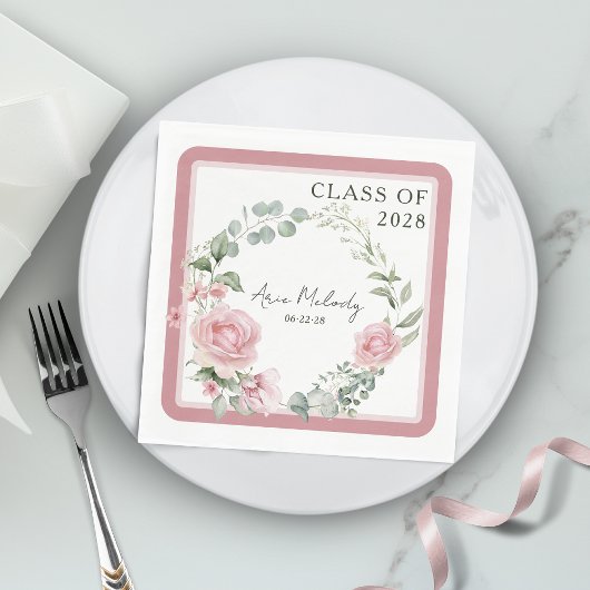 Modern Pink Roses Script Class of Graduation Serviette