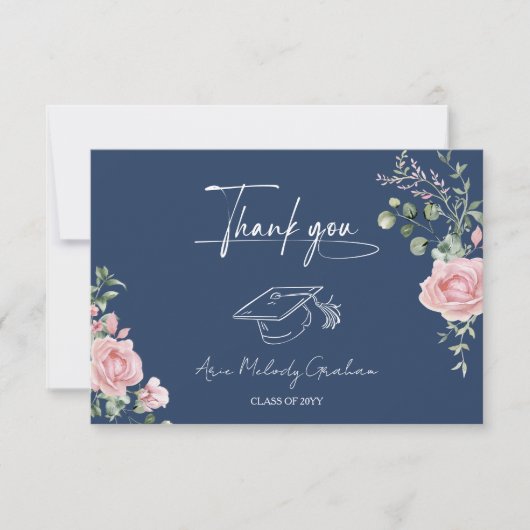 Modern Pink Roses Script Graduation Dankeskarte (Vorderseite)