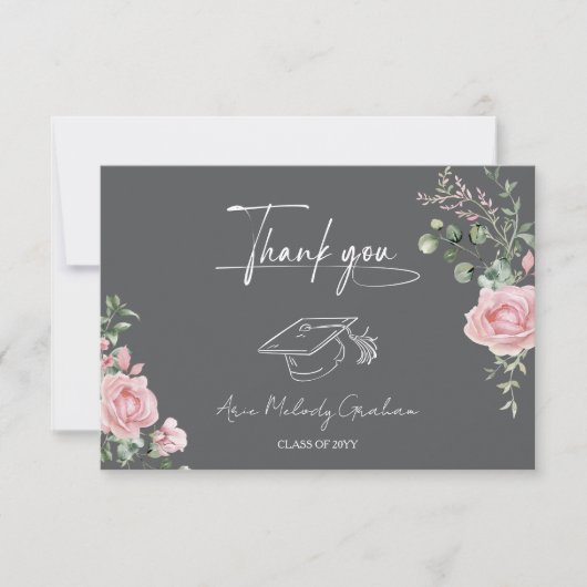 Modern Pink Roses Script Graduation Dankeskarte (Vorderseite)