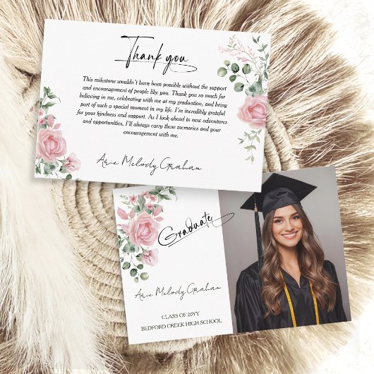 Modern Pink Roses Script Graduation Photo Dankeskarte