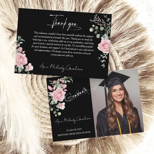 Modern Pink Roses Script Graduation Photo Dankeskarte
