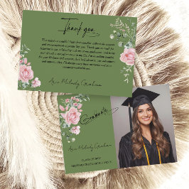 Modern Pink Roses Script Graduation Photo Dankeskarte