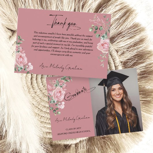 Modern Pink Roses Script Graduation Photo Dankeskarte