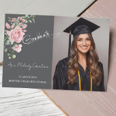 Modern Pink Roses Script Graduation Photo Dankeskarte