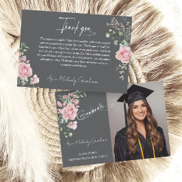 Modern Pink Roses Script Graduation Photo Dankeskarte