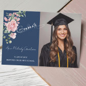 Modern Pink Roses Script Graduation Photo Dankeskarte