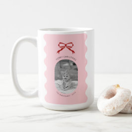 Modern Pink Scallop Red Bow Weihnachts-Foto Kaffeetasse