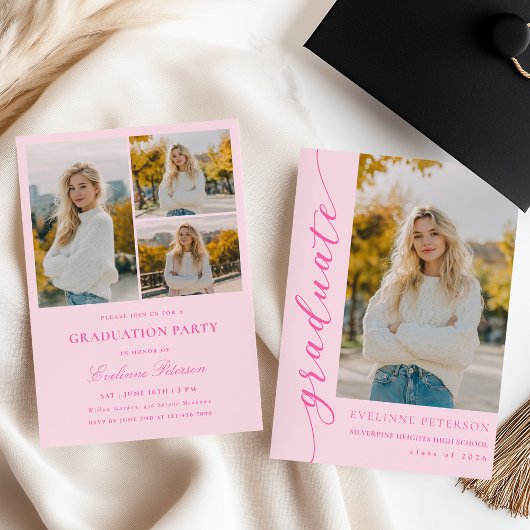 Modern Pink Script Photo Graduation Invitation Einladung