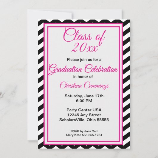 Modern Pink Script with Chevron Border Graduation Einladung (Vorderseite)