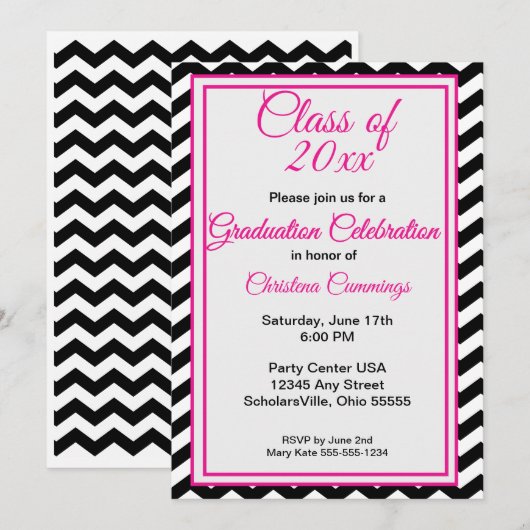 Modern Pink Script with Chevron Border Graduation Einladung (Vorne/Hinten)