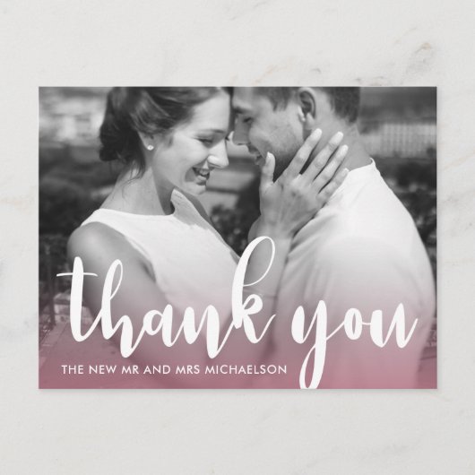 Modern Pink Simple Script Wedding Foto Vielen Dank Postkarte (Vorderseite)