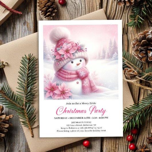 Modern Pink Snowman Kids Download Christmas Invite Einladung