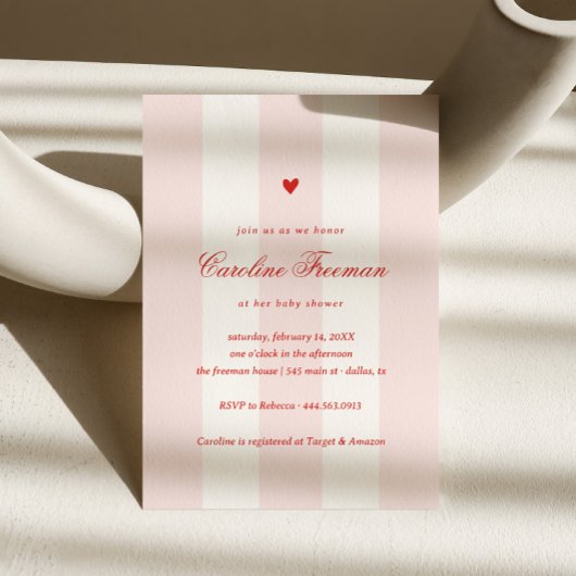 Modern Pink Stripe Heart Valentine Baby Shower Einladung