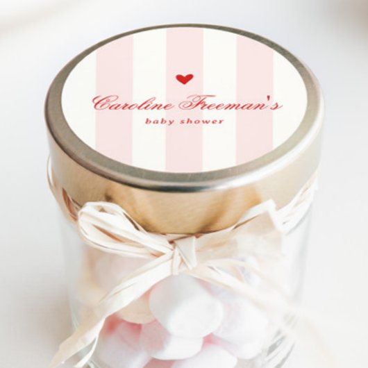 Modern Pink Stripe Heart Valentine Baby Shower Runder Aufkleber