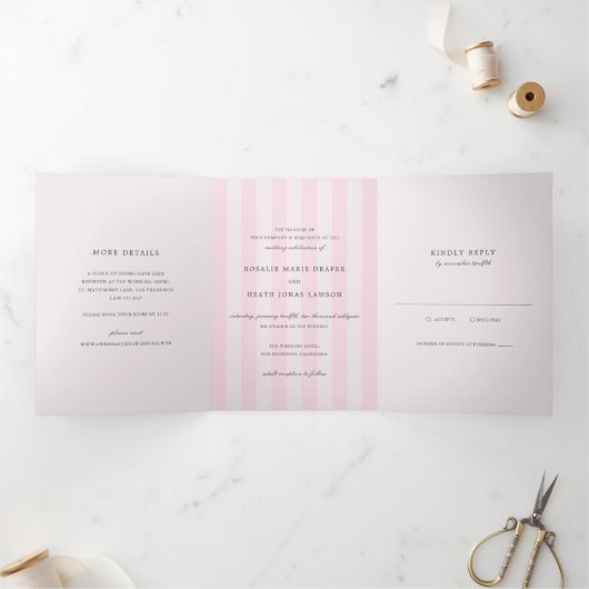 Modern Pink Stripes Elegant Wedding Dreifach Gefaltete Einladung (Innenseite)
