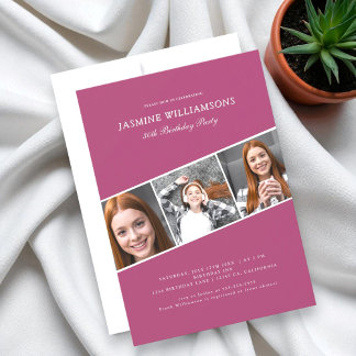 Modern pink three photo collage birthday  einladung