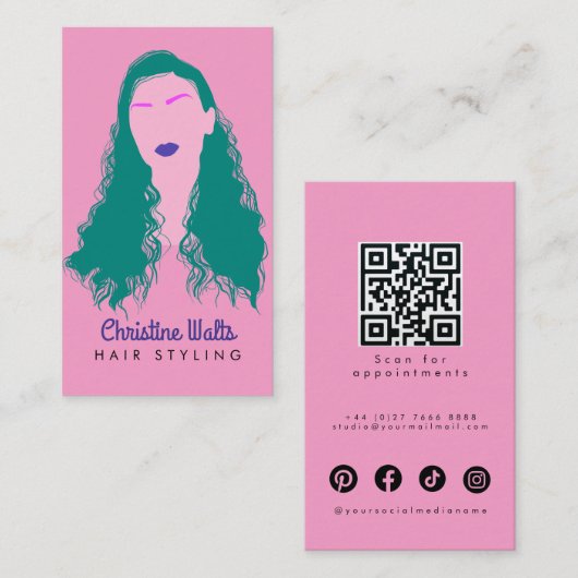 Modern Pink Turquoise Hair Styling Flat Design QR Visitenkarte (Vorne/Hinten)