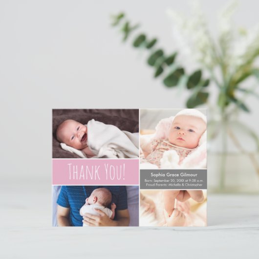 Modern Pink Vielen Dank Baby Girl Foto Collage Ankündigungspostkarte (Stehend Vorderseite)