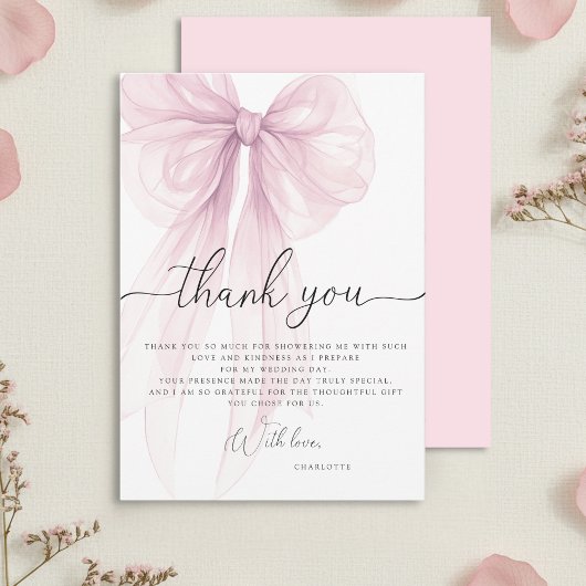 Modern Pink Watercolor Bow Bridal Shower Dankeskarte