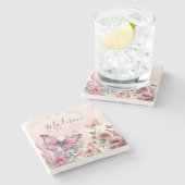 Modern Pink Watercolor Butterfly Wilde Blume Steinuntersetzer (Seitenansicht)