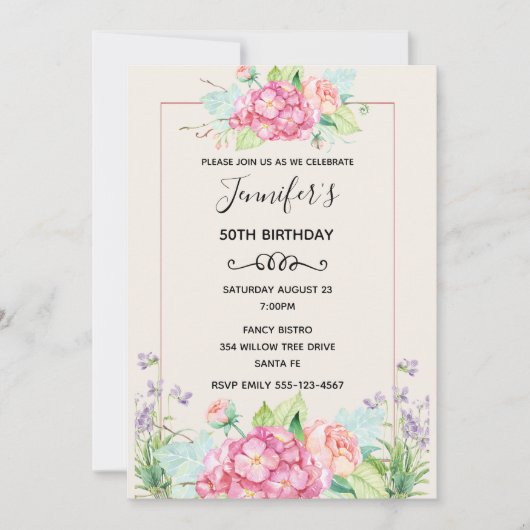 Modern Pink Watercolor Floral Bouquet Geburtstag Einladung (Vorderseite)