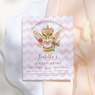 Modern Pink Watercolor Floral Tiki Luau Party Einladungspostkarte