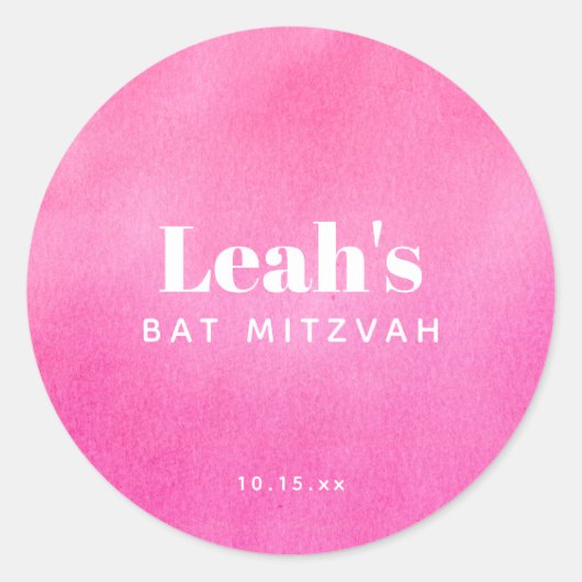 Modern Pink Watercolor Trendy Custom Bat Mitzvah Runder Aufkleber (Vorderseite)