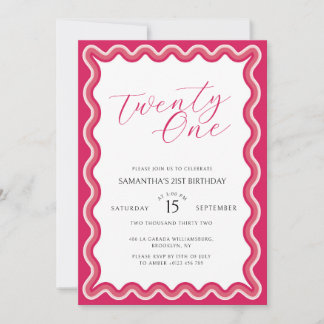 Modern Pink Wavy Curvy 21 Geburtstag Einladung