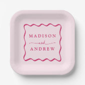 Modern Pink Wavy Frame Wedding Pappteller (Vorderseite)
