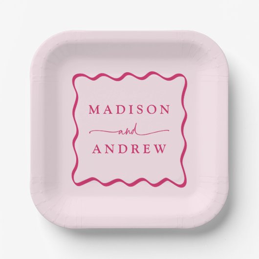 Modern Pink Wavy Frame Wedding Pappteller (Vorderseite)