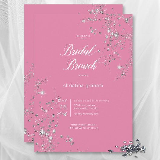 Modern Pink & White Glam Diamonds Bridal Brunch Einladung