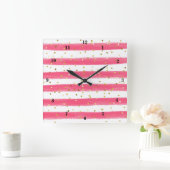 Modern Pink, White, Gold Stripes, Confetti Clock Quadratische Wanduhr (Zuhause)