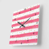 Modern Pink, White, Gold Stripes, Confetti Clock Quadratische Wanduhr (Winkel)
