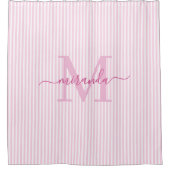 Modern Pink & White Stripes Monogram Name Duschvorhang (Vorderseite)