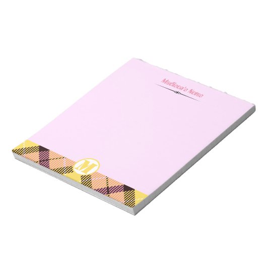 Modern Pink Yellow Tartan Monogram Script Name Notizblock (Rotiert)