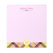 Modern Pink Yellow Tartan Monogram Script Name Notizblock (Vorderseite)