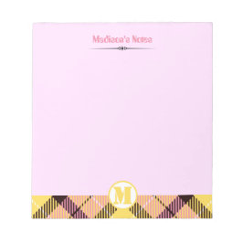 Modern Pink Yellow Tartan Monogram Script Name Notizblock