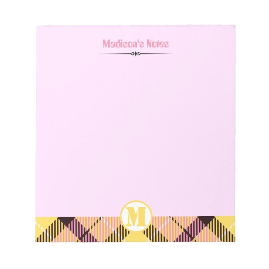 Modern Pink Yellow Tartan Monogram Script Name Notizblock (Vorderseite)
