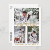 Modern Pinselschrift Save the Date 3 Foto Gold Postkarte (Vorne/Hinten)