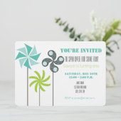 Modern Pinwheel Birthday Einladung - Green Blue Gr (Stehend Vorderseite)