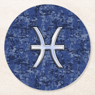 Modern Pisces Zodiac Sign Navy Blue Digital Camouf Runder Pappuntersetzer