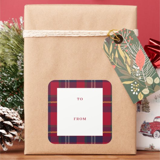 Modern Plaid Christmas Gift Tag  Quadratischer Aufkleber (Feiertag)